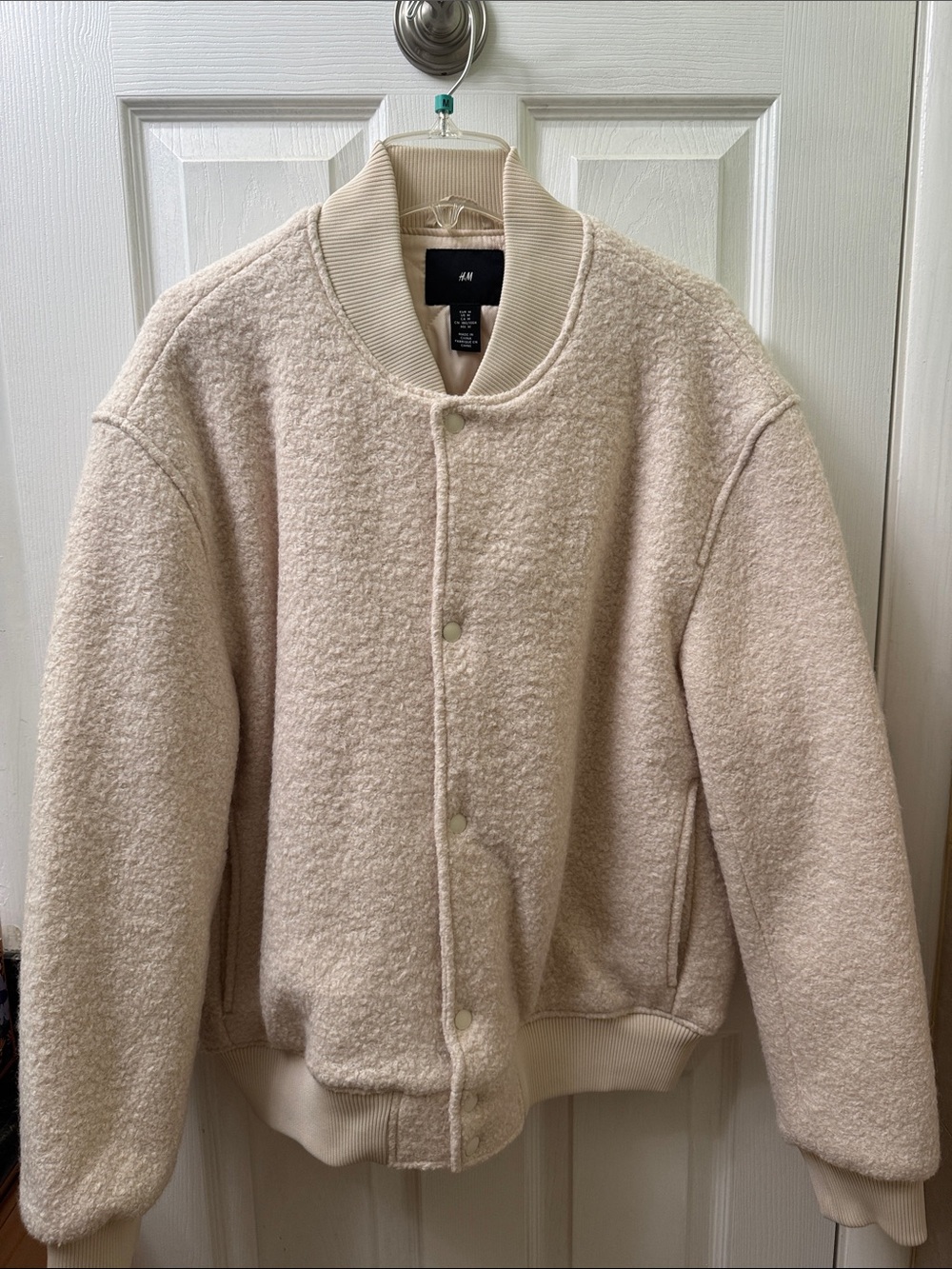 H&M Cream Teddy Bomber Jacket with Ribbed Trim